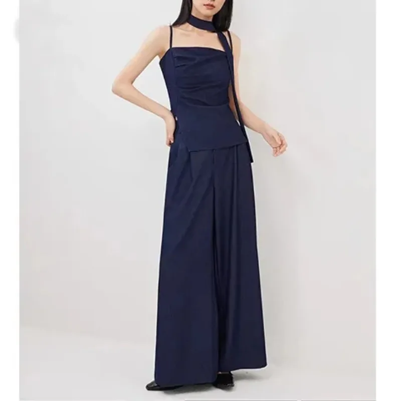 

Elegant Dark Blue Two Piece Set Halter Strap Camisole Top High Waist Wide Leg Pants Formal Outfit
