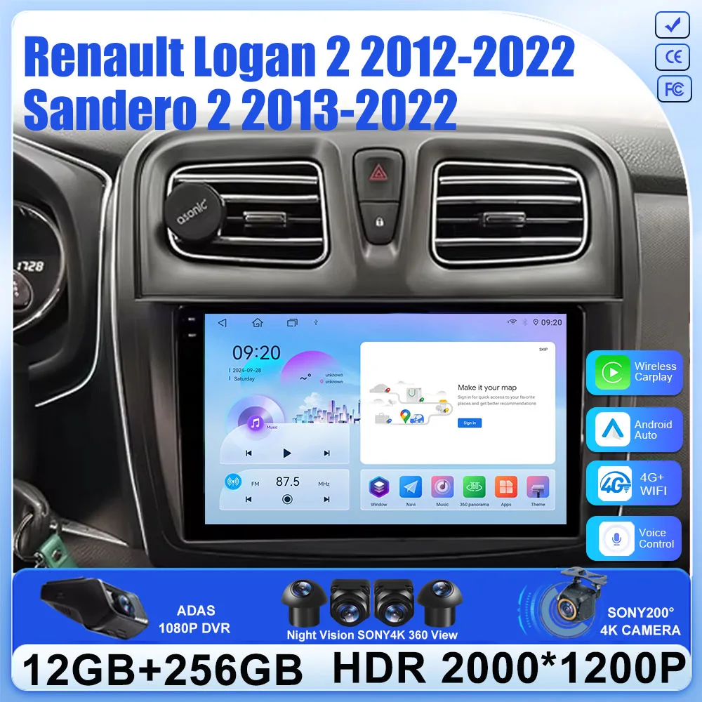Android 16 Carplay Auto For Renault Logan 2 Sandero 2 2012 - 2016 2017 2018 2019 Car Radio Multimedia Player Stereo GPS WIFI DPS