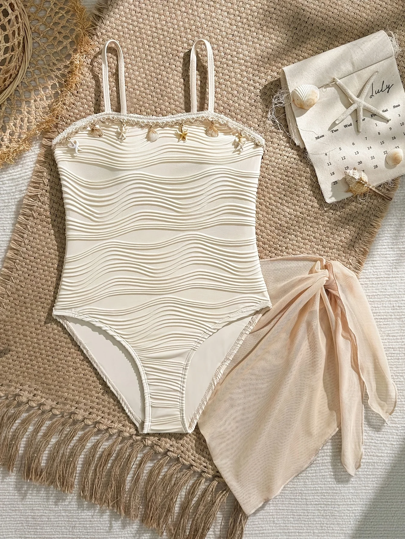 Sommerliches Freizeit-Badeanzug-Set für Mädchen, Kinder-Badeanzug-Set, Aprikosenfarbener Einteiler-Badeanzug für Mädchen mit Wellenmuschelbesatz und Netzrock, zweiteiliges Set, geeignet für Kinder ab 3 Jahren, geeignet für Pool und Strand – Detail 1