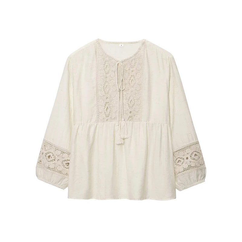

RAFZNB Women Fashion Crochet Splicing Shirt Summer O-Neck Long Sleeve Casual Shirts Female Blouses Tops