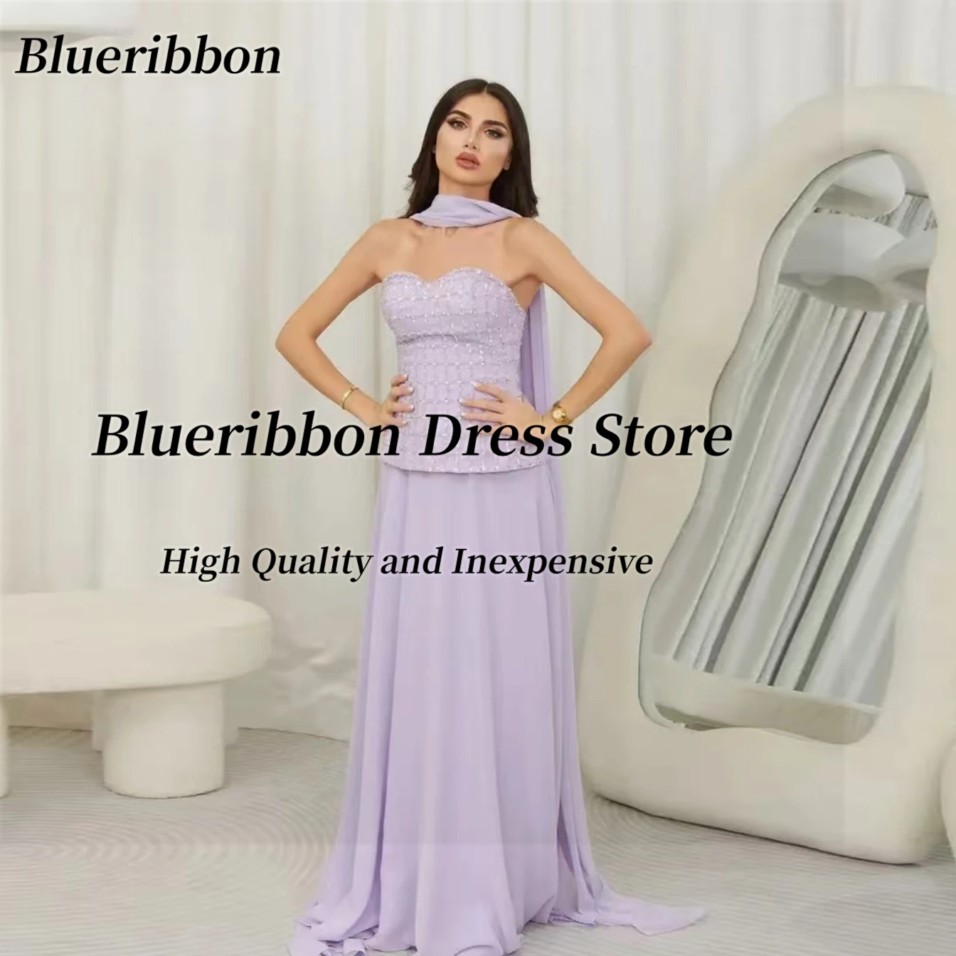 

Blueribbon Customized Sequin Grid Prom Dresses with Shawls Robes De Soirée Sweetheart Long Elegant Party Saudi Evening Gowns