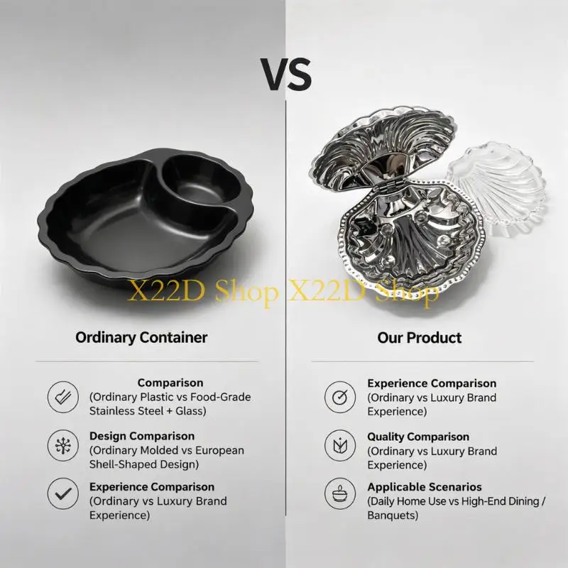 X22D 304 Metal Seafood Serving Dish, Scalloped Lidded Container with Matching Spoon for Condiment Table Display at Dining Event