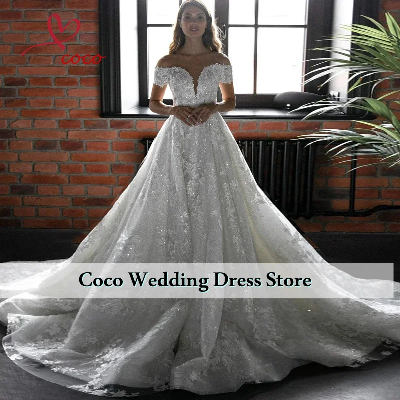 

Customized Exquisite Shiny Lace Appliques Off The Shoulder Princess Wedding Dresses A-Line Sweep Train Tulle Zipper Bridal Gown