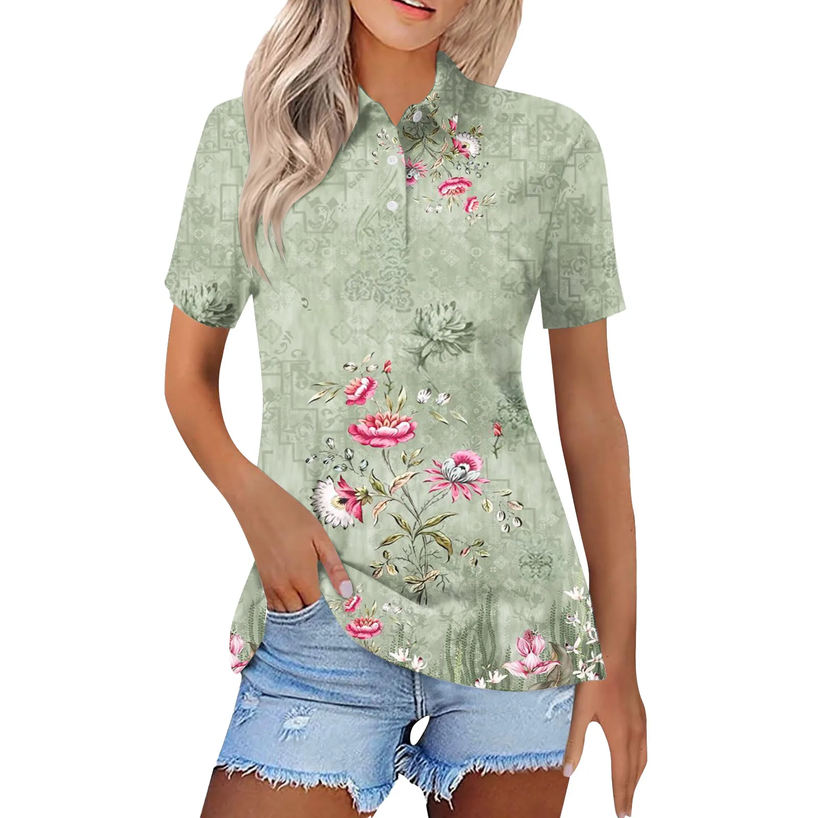 Camisa polo casual estampada em 3D feminina, blusa de manga curta, botão solto e emagrecedor, estilo étnico retrô, MB13