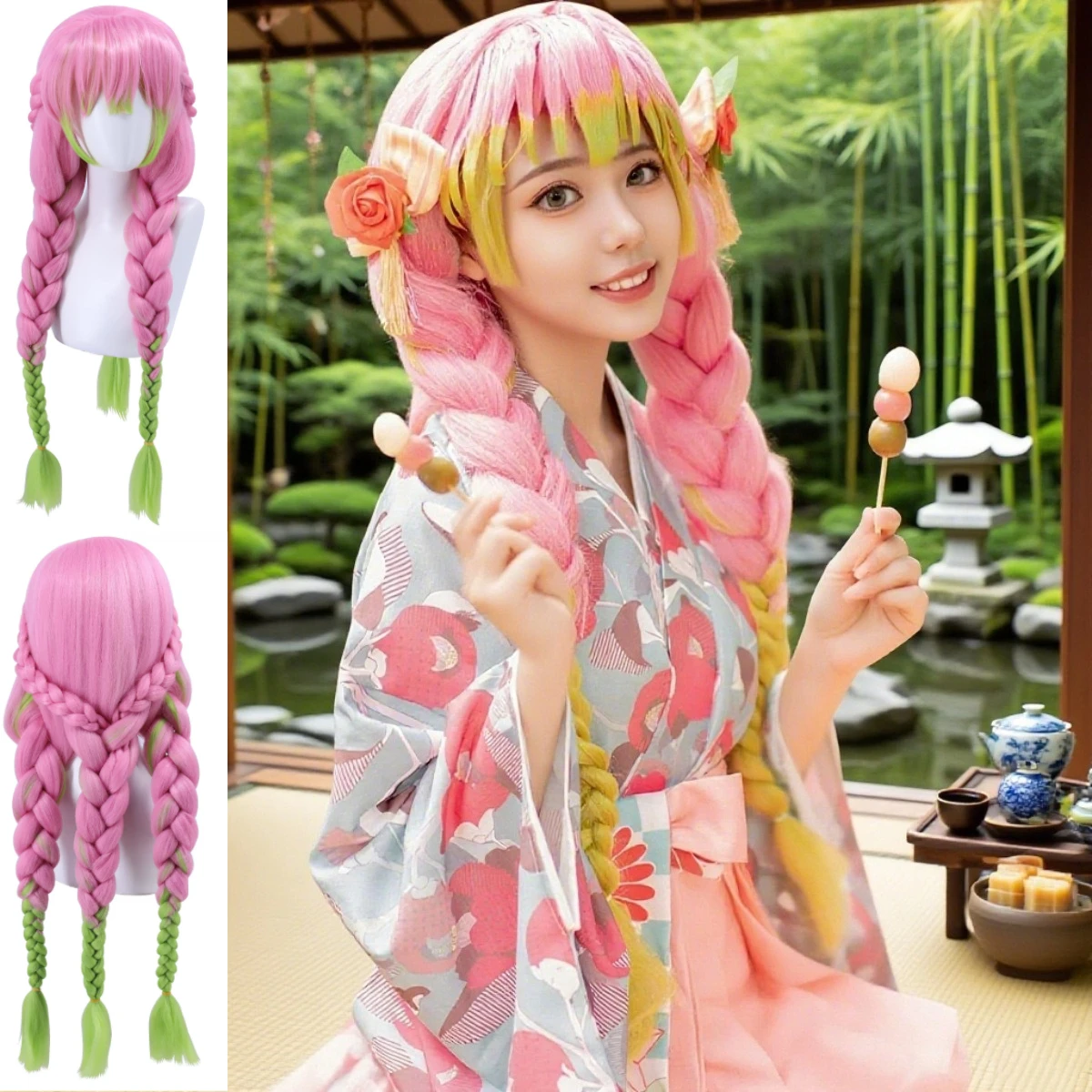 

Anime Mitsuri Kanroji Cosplay Demon killer Synthetic Wig 80cm Long Pink Green Braid Hair Authentic Cosplay Wigs + Wig Cap