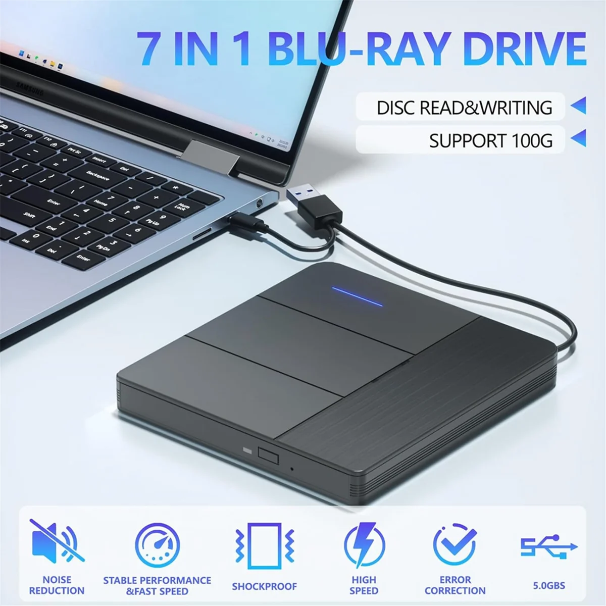 محرك بلو راي خارجي AT59 7 في 1، قرص دعم R/W BD DVD مشغل أقراص مضغوطة، شعلة محمولة USB3.0 SD/TF فتحة بطاقة