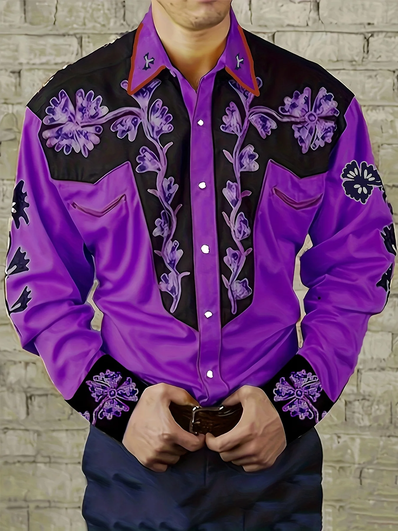 Men Western Cowboy Floral Print Long Sleeve Shirt Lapel Collar Button‑Up Polyester Rodeo Blouse