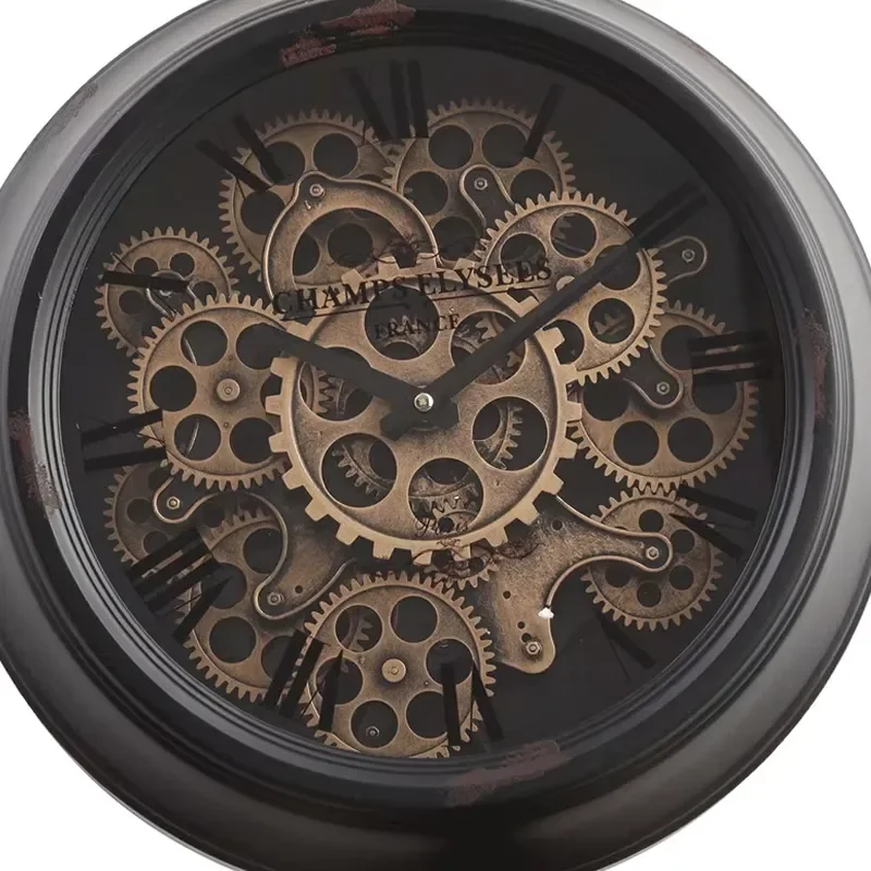 Unlimited time custom high quality black desk clock antique design metal moving gear retro desk clock desk clock design