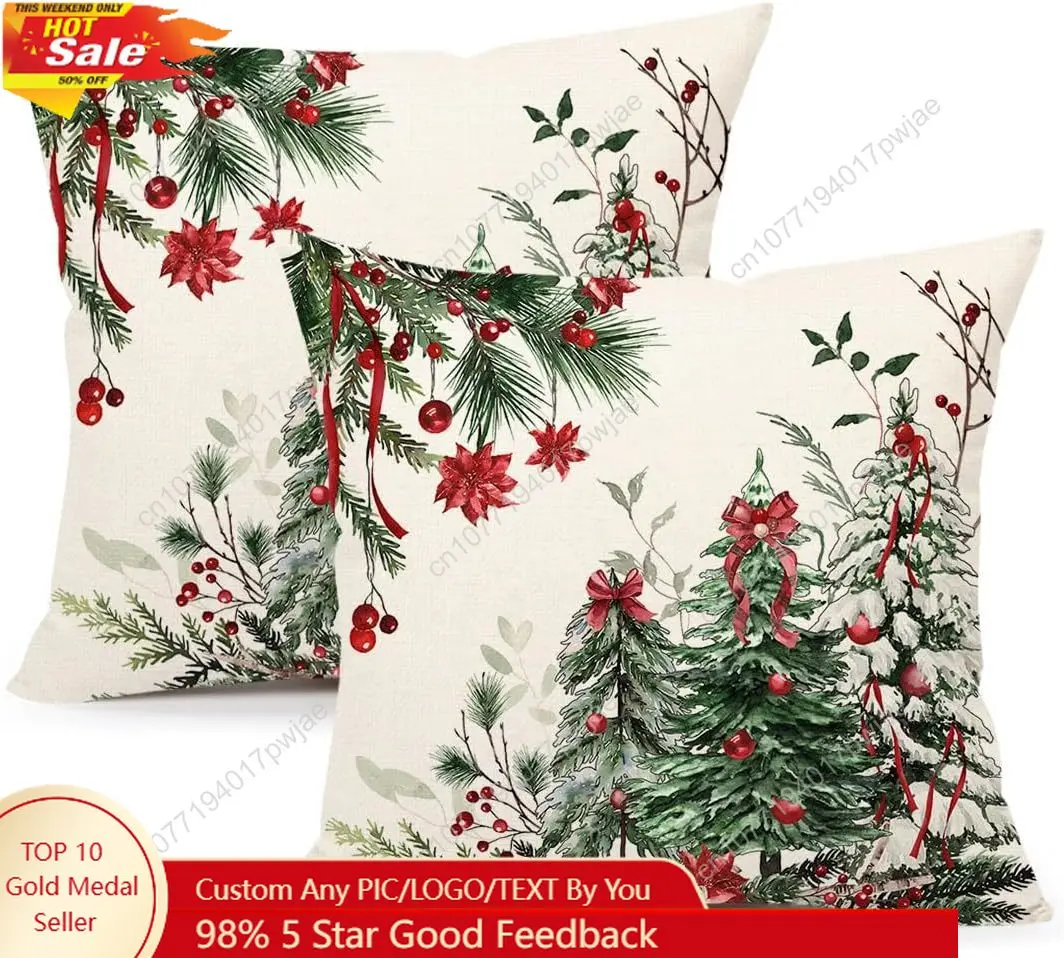 

4TH Emotion Christmas Trees Pillow Covers 18x18 Inch Set of 2, Xmas Farmhouse Decorations Winter Holiday Decor Throw Cushion Cas
