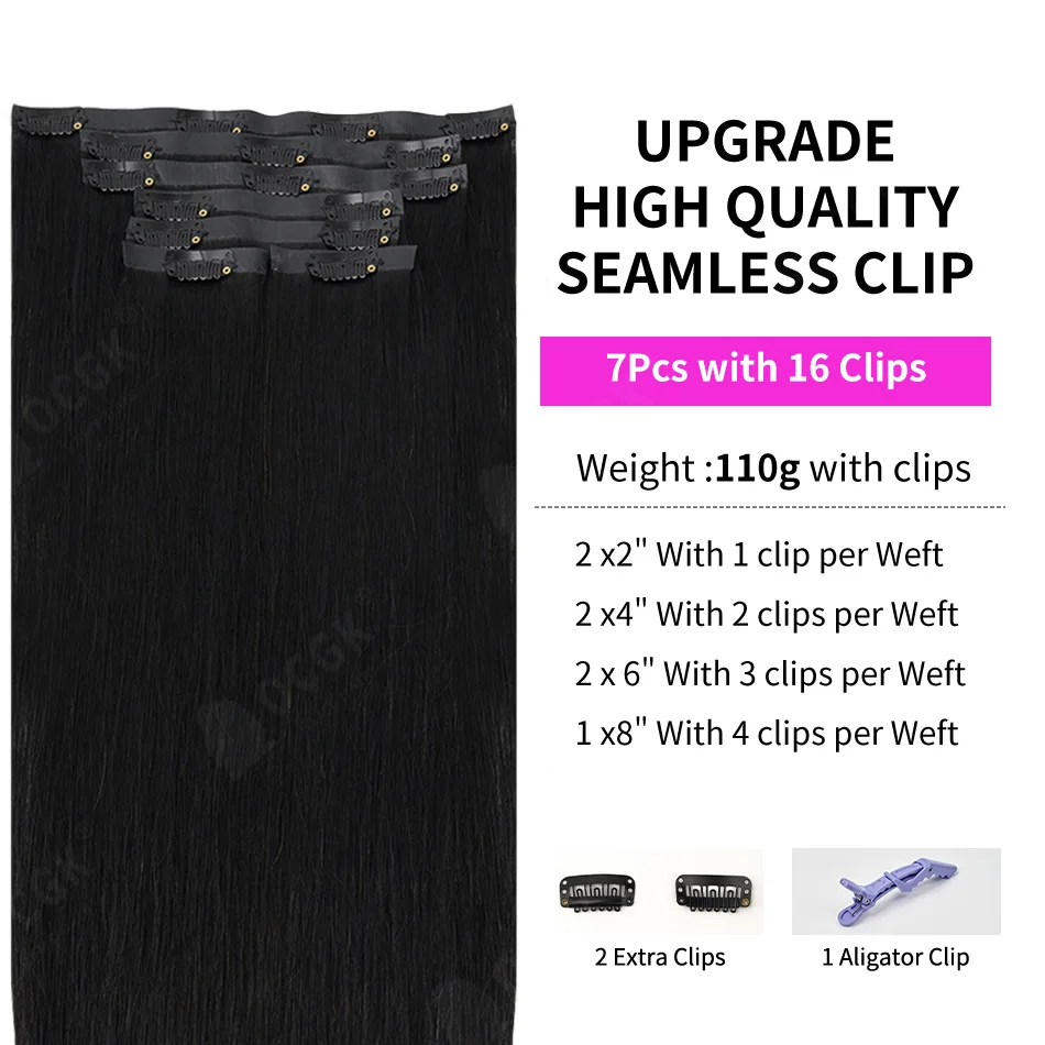 Invisible Clip in Hair Extensions Real Remy Human Hair – Black Natural Straight Silky Weft, Seamless Daily Use Color 1)