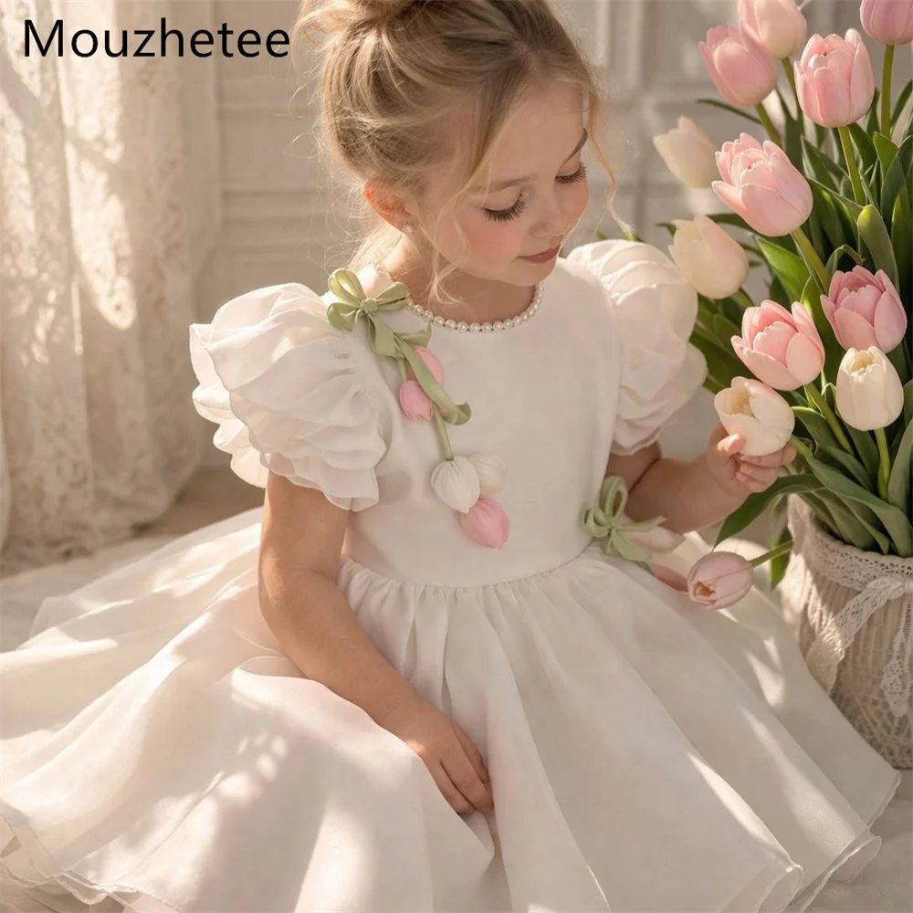

Mouzhetee A-Line Bow Pearls 3D Flowers Birthday Dresses Wedding Party Dress for Kids Flowers Girls Prom Gowns Customized 2026