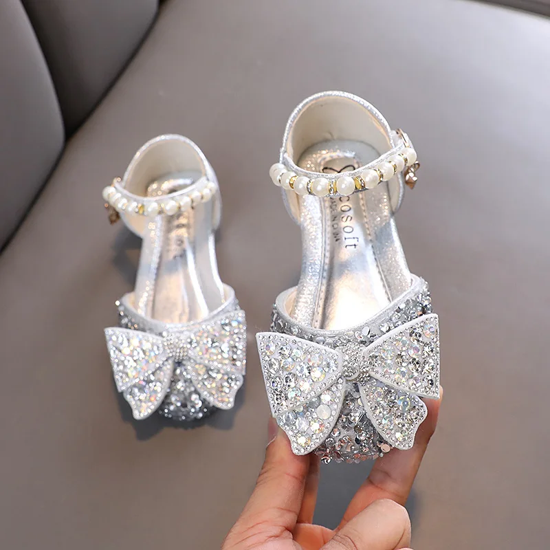 Children Sequins Sandals Girls Rhinestone Bow Pink Princess Shoes Fashion Non-slip Flat Kids Soft Leather Shoes Early Autumn New