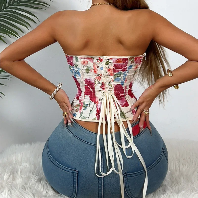 Vintage Big Flower Printed New Style Women Slim-fitting Body-shaping Clothes Suitable for Outer Wear Camisole Corsets for Women