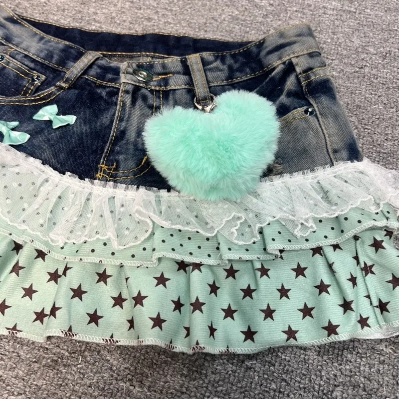 Y2K Vintage Retro Outfit E-girl Mint Chocolate Chip Star Design Skirts Polka Dot Element Patchwork Denim Mini Skirt 2026 Summer