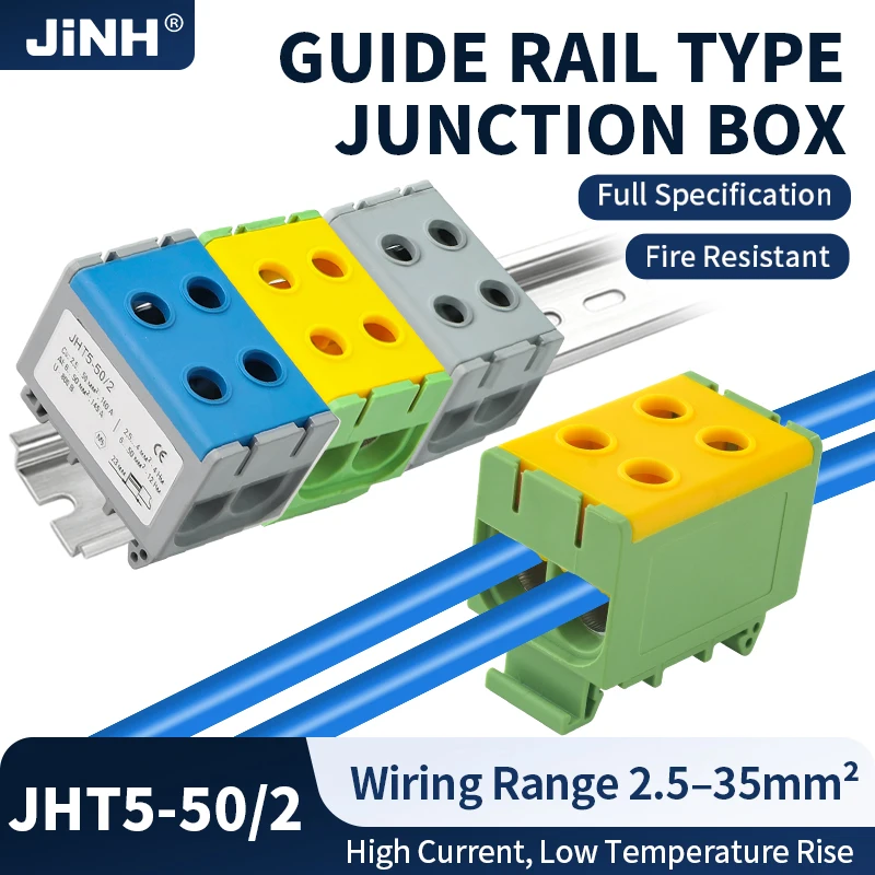 JINH High Current Rail Terminal Block 50mm² 2-In/2-Out Flame Retardant JHT5-50/2 for Electrical Engineering