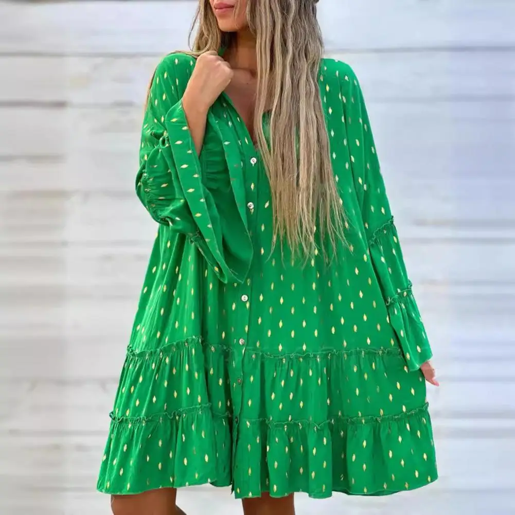 

A-line Dress Elegant V Neck Midi Dress with Long Horn Sleeves A-line Silhouette for Women for Summer Vacation or Beach Outings