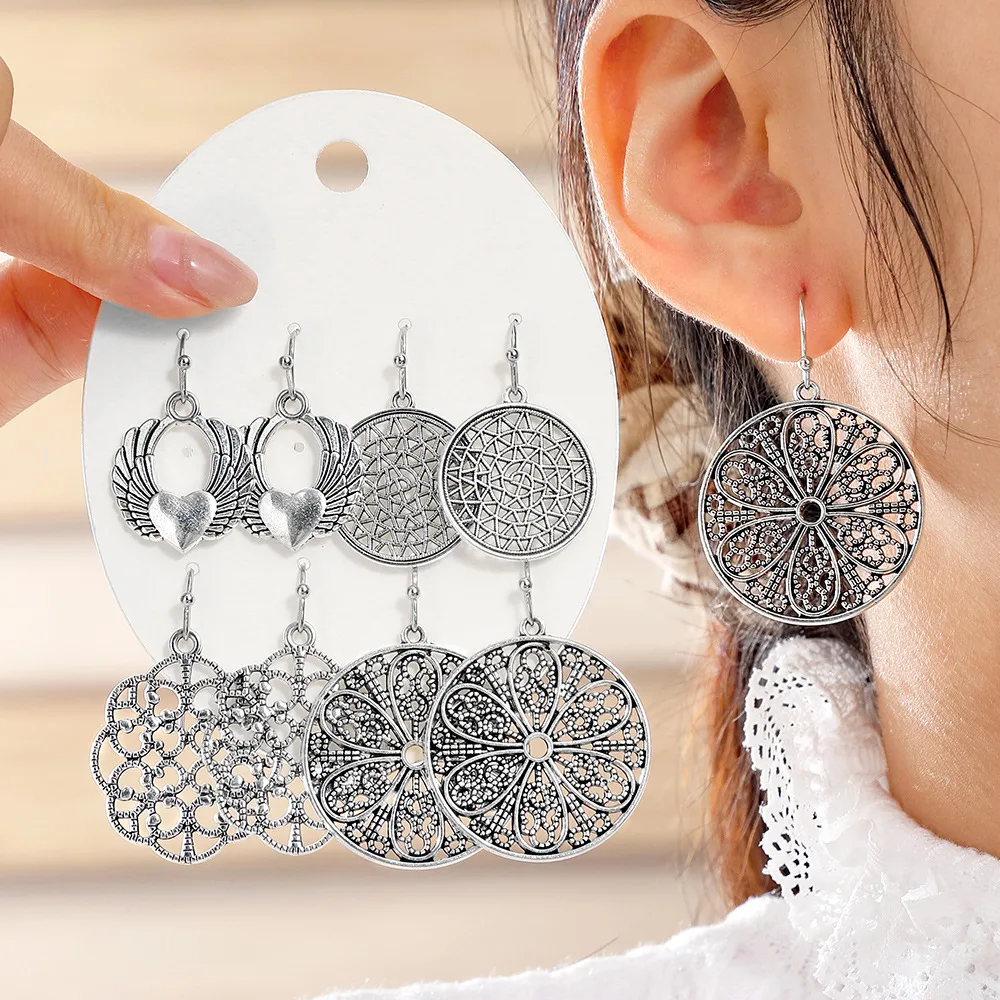 4Pairs/Bundle Vintage Bohemia Ethnic Antique Silver Hanging Dangle Drop Earrings Sets for Women Ladies New Jewelry Accessories