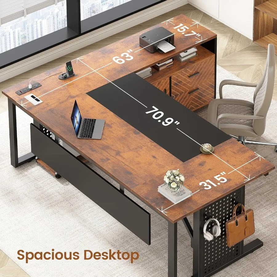 71 Executive Desk with Rolling File Cabinet and Large Office Desk Featuring L Shaped Computer Desk Design with Built-in Power O