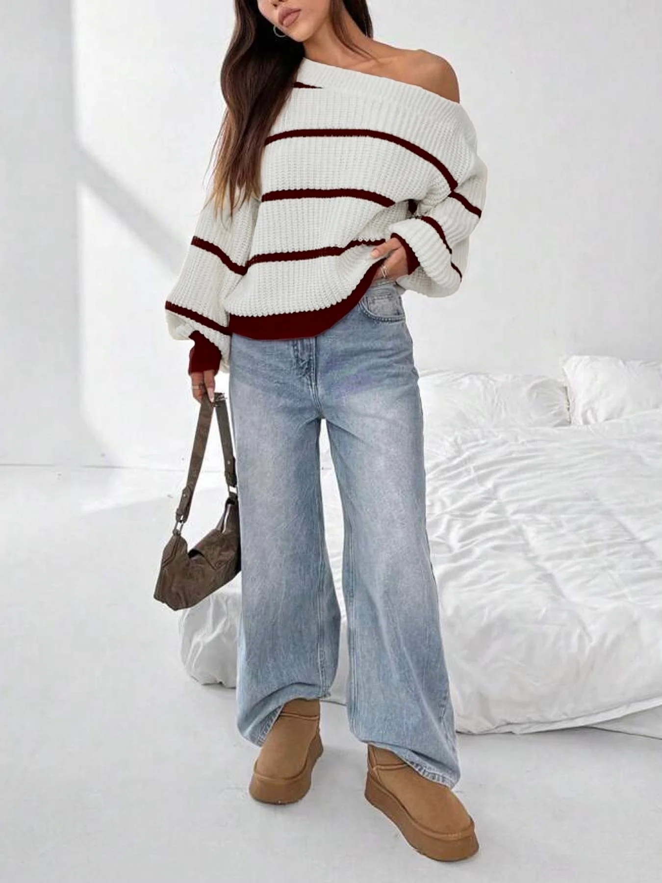 

2026 Winter Fashion Off Shoulder Knitted Sweater Women Casual Stripe Pullover Autumn Lady Loose Lantern Long Sleeve Jumper