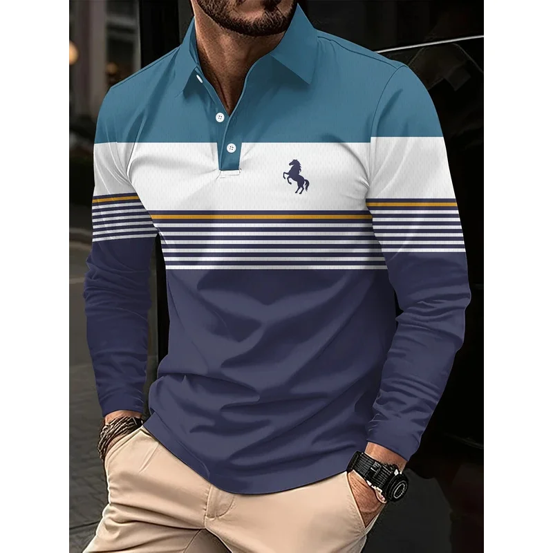 Men's horizontal striped Polo shirt, long sleeves, sporty casual, daily-use, 3d printing, breathable buttons, top for 2025 autum