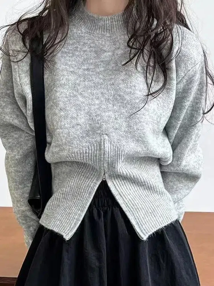 الخريف مزاجه جولة الرقبة سستة تصميم فضفاض ومتعدد الاستخدامات سترة محبوكة بأكمام طويلة بلون سترة للنساء