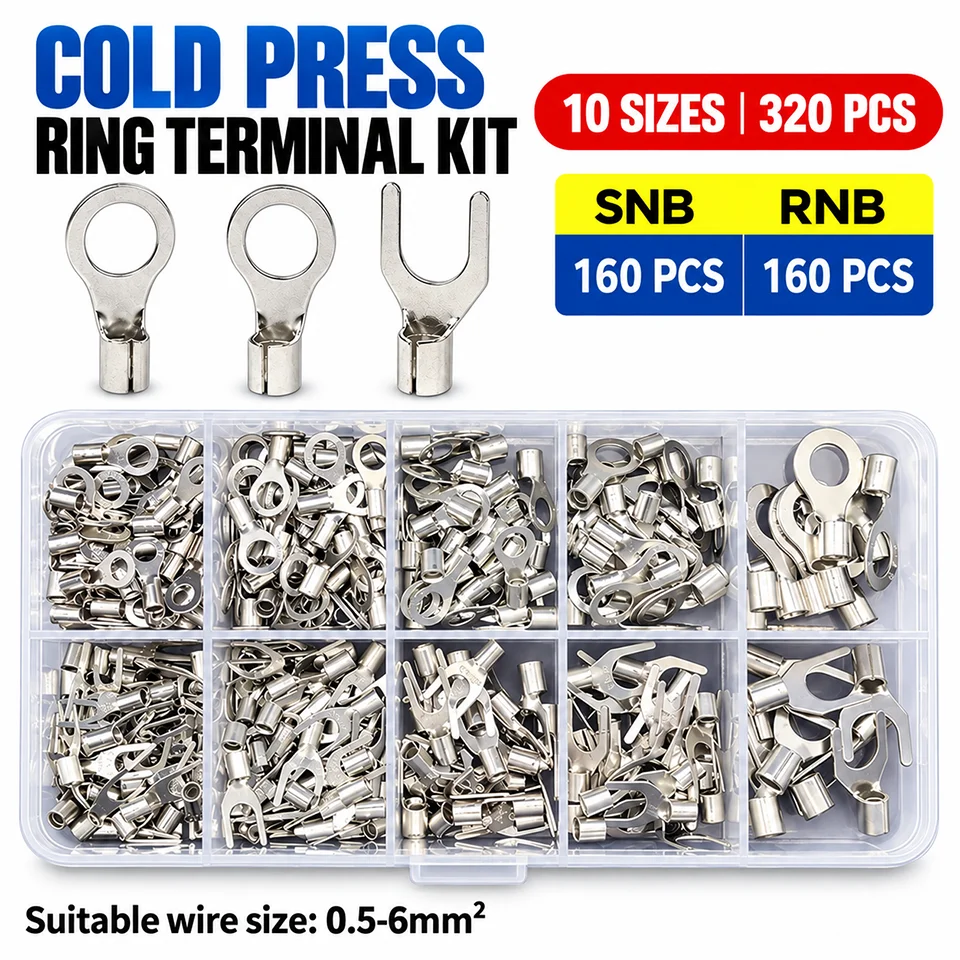 320pcs Non-Insulated Crimp Terminals Kit Ring Spade Wire Connectors Assortment SNB RNB Tin-Plated Copper Electrical Lug