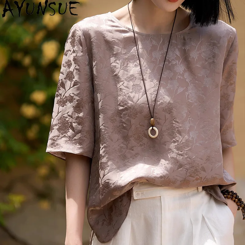 AYUNSUE 19mm Mulberry Silk Women's T-shirts New Chinese Style Woman Tops Short Sleeve T Shirt Summer Clothes for Woman Футболка