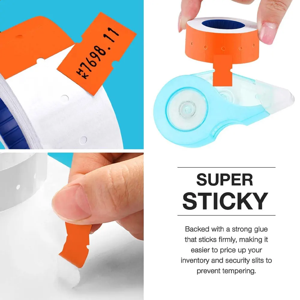 

30 rolls of 15,000 price tag gun labels, compatible with the MX-5500 label printer, includes 3 rolls of refill ink (orange).