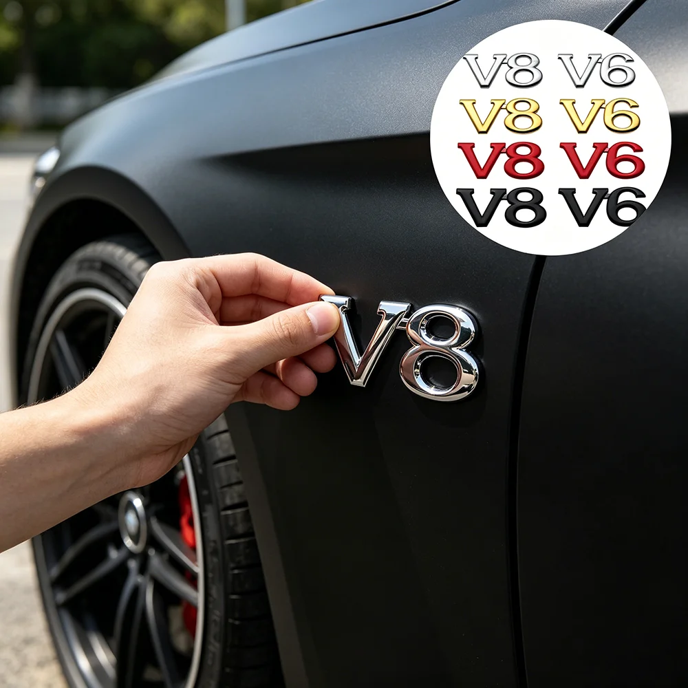 V6 V8 Metal Car Emblem Sticker for Performance Tuning Fans Auto Side Door Rear Trunk Badge Decoration Car Customization