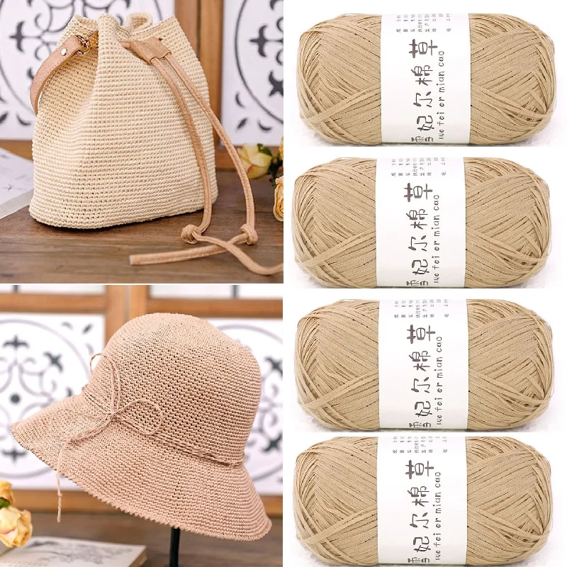 Raffia Yarn for Knitting and Crocheting 100% Cotton, Soft Craft Ribbon, DIY Weaving Handbags, Hats,  2Balls = 200g