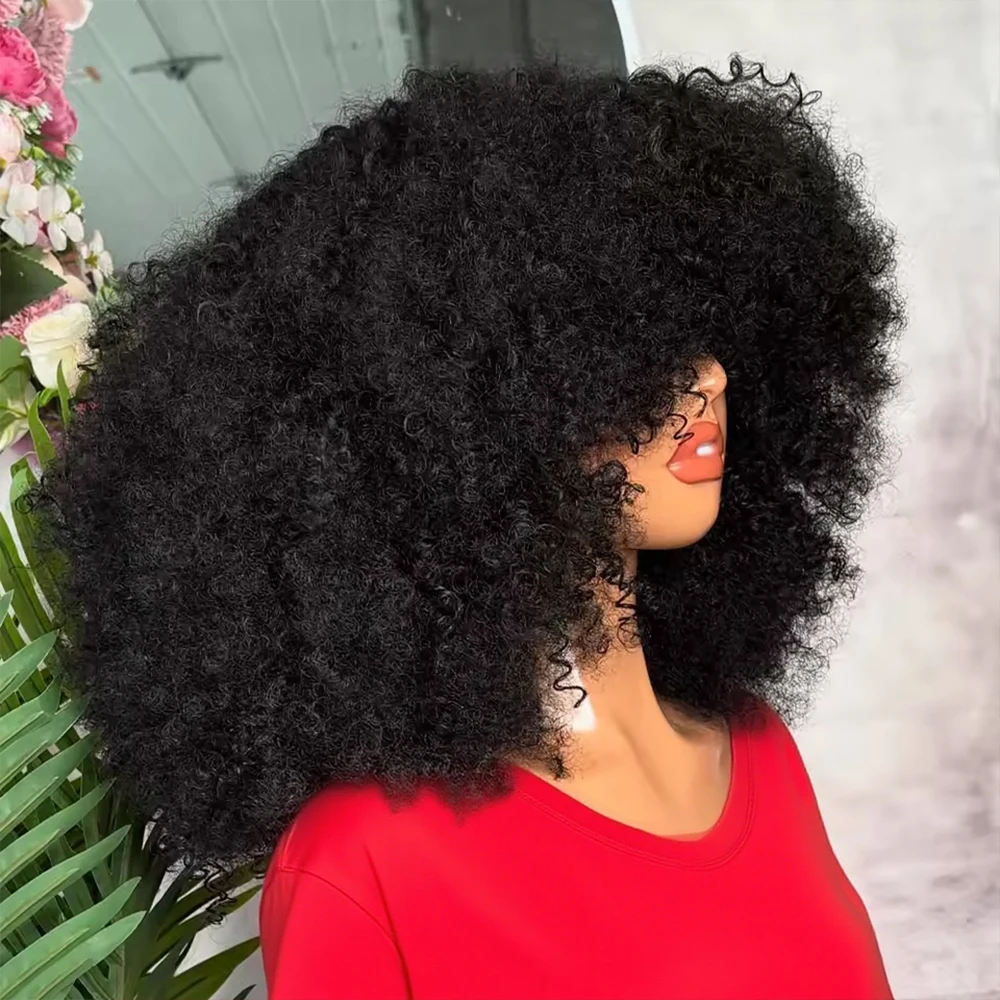 Mongolische Afro Kinky Curly Echthaarperücken mit Pony, kleberlose Perücke, brasilianische, kleberlose, kurze Bob-Perücke, federnd, 300% Dichte, für Damen