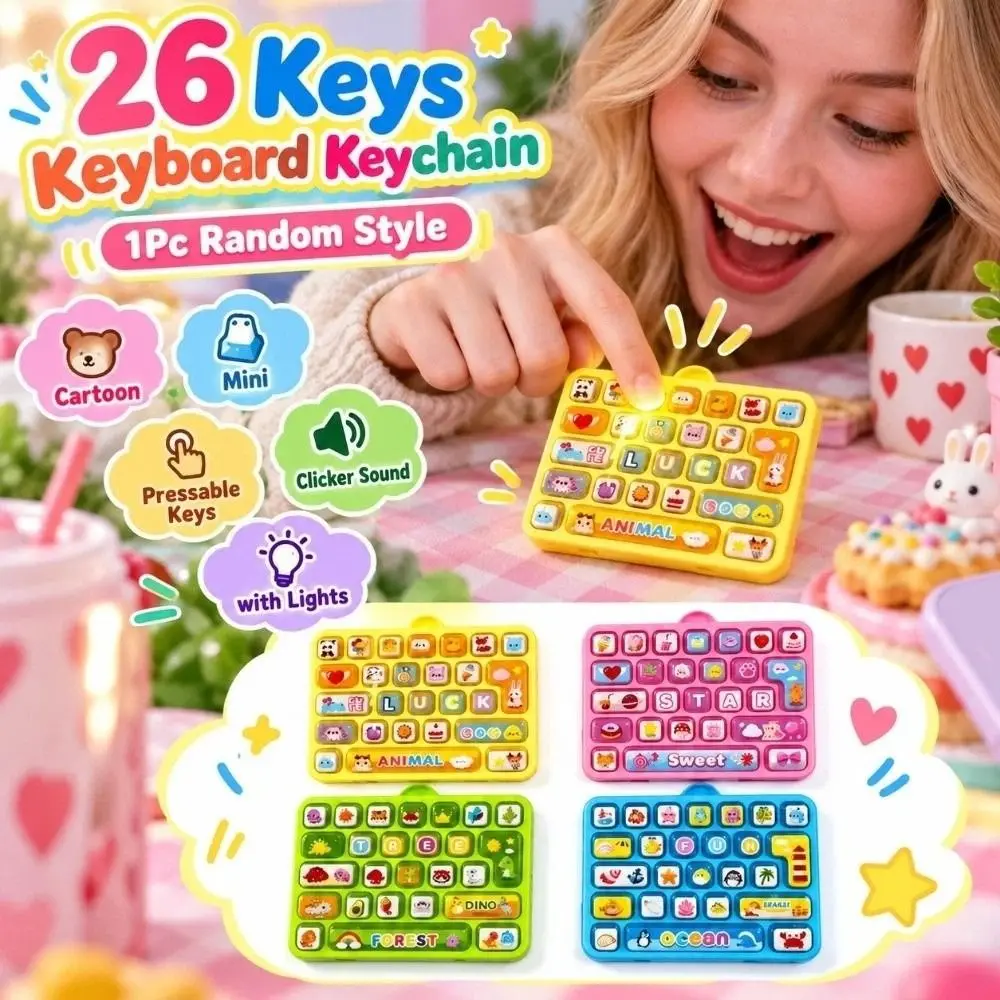 Cartoon 26 Keys Keyboard Keychain Animals Pressable Keys Fingertip Button Keyring with Lights Clicker Sound Sensory Clicker