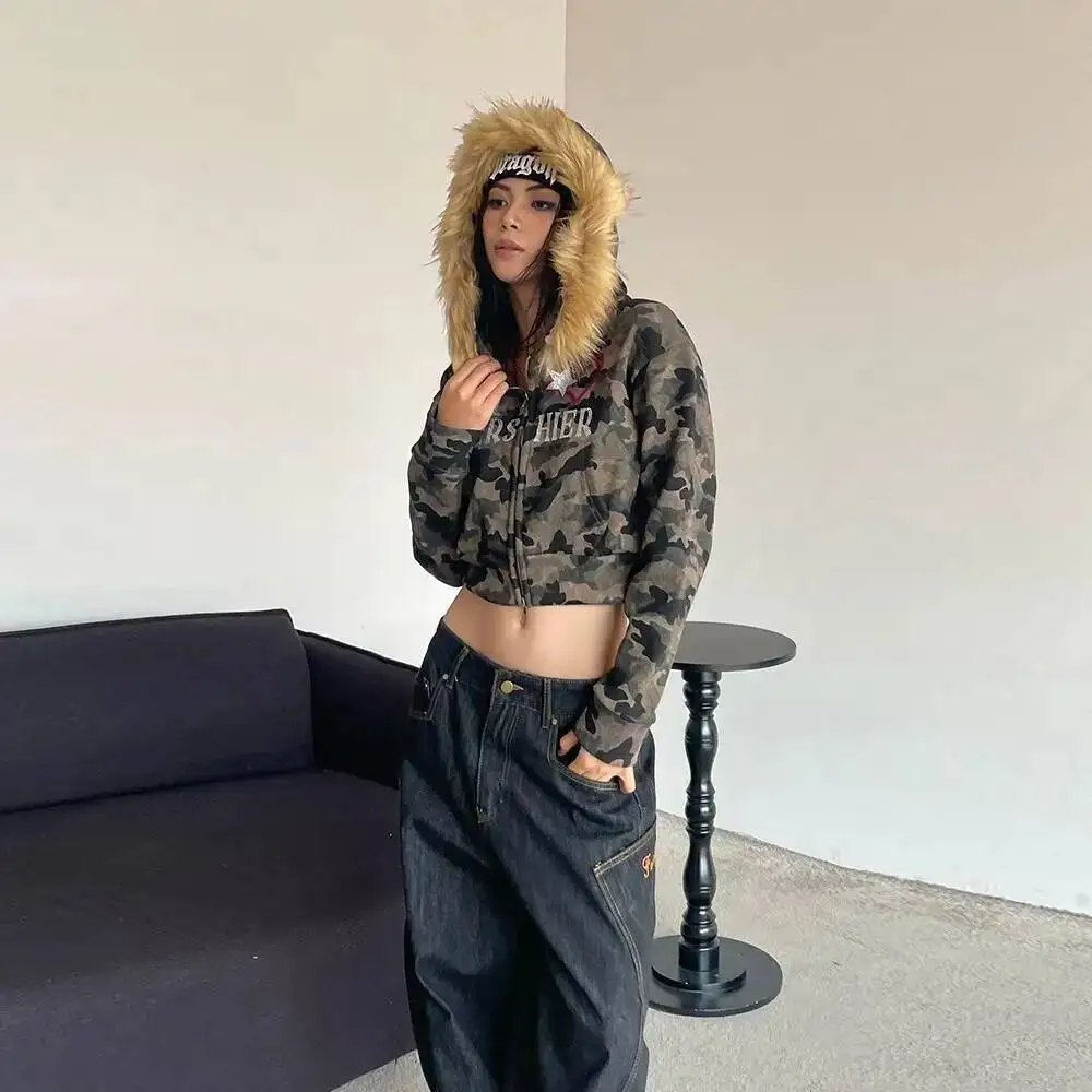 

Hoodies Women's New Autumn Winter Warm Hooded Jacket Detachable Fur Collar Short Zip Up Cool Hoodie Sweatshirt