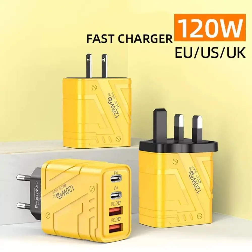 

New USB A+C 120W Charger Plug 4 Ports EU/US/UK Phone Charger Adapter PD QC3.0 Fast Charging USB C Charger for iPhone//Samsung