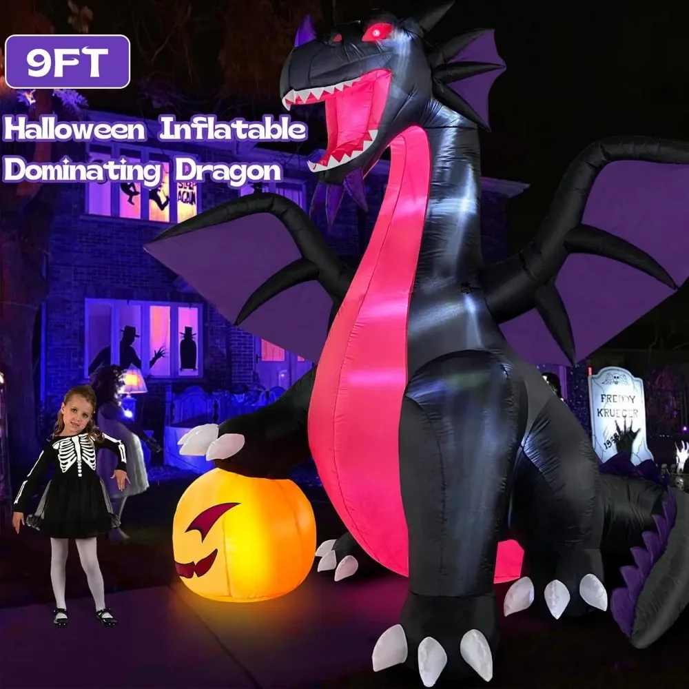 9FT Halloween Inflatable Dominating Dragon with Pumpkin Outdoor Decoration, Blow Up Yard Decoration with LED Lights Spooky Decor