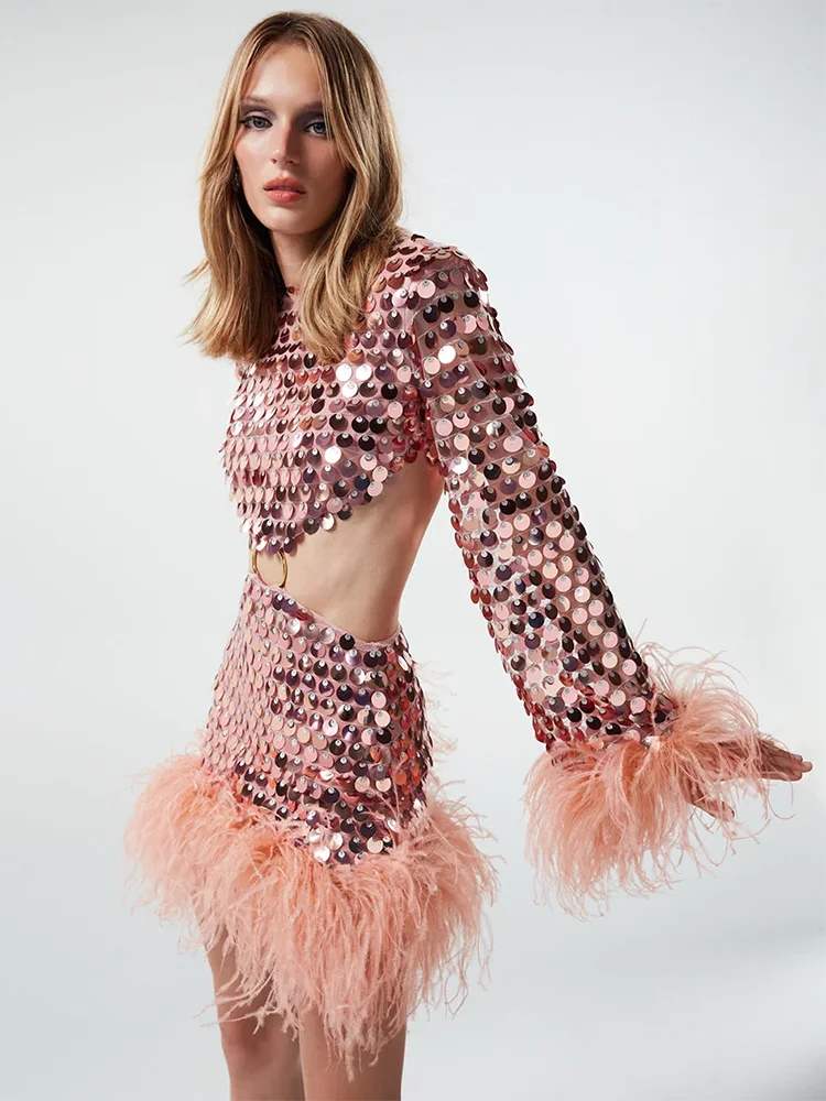 Recorte mangas compridas o pescoço magro moda mini vestido sexy para mulheres luxo lantejoulas pena chique 2025