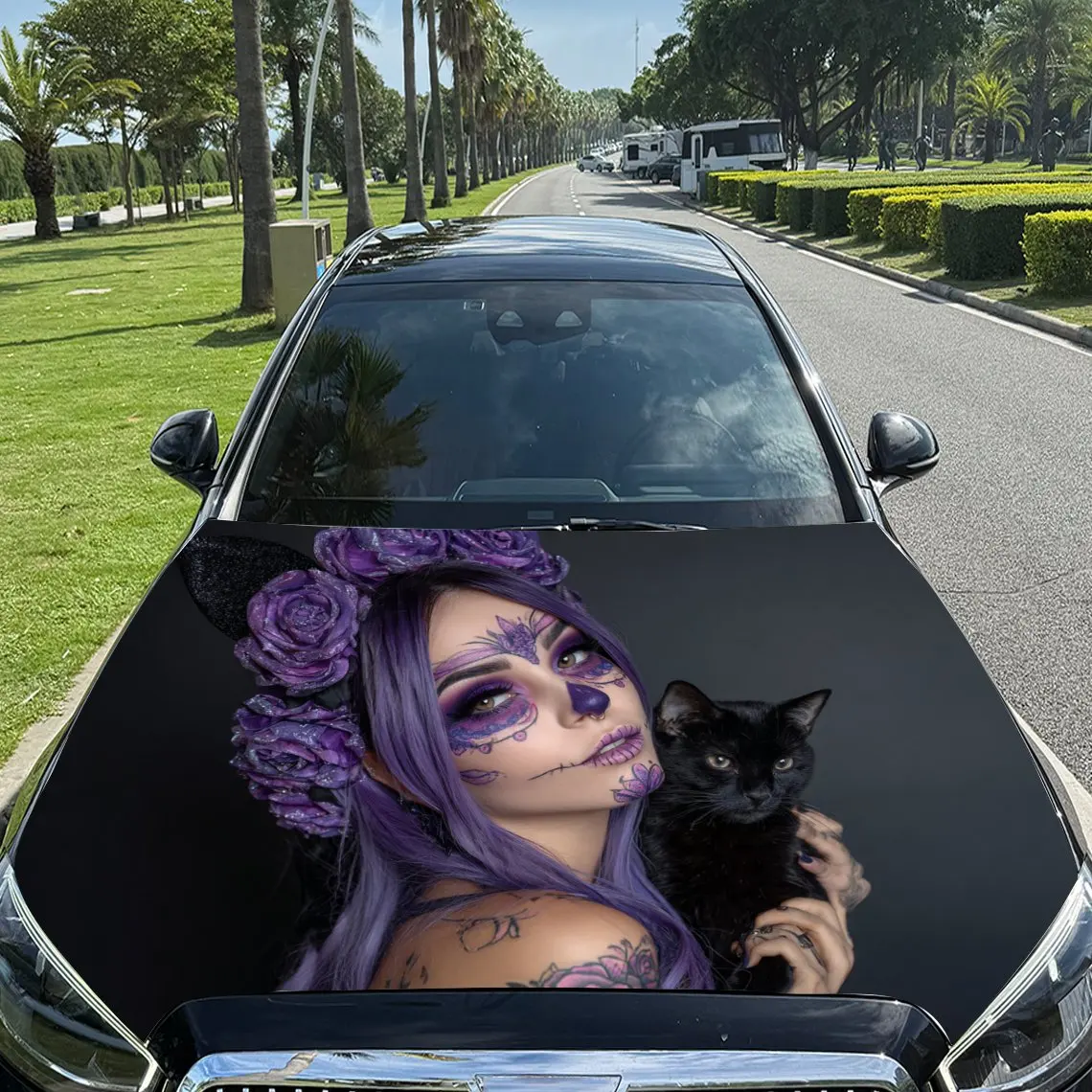 

Purple Haired Girl with Skull Makeup and Black Cat Car Vinyl Wrap, PVC Material Waterproof Car Hood Sticker, Self-Adhesive Scrat