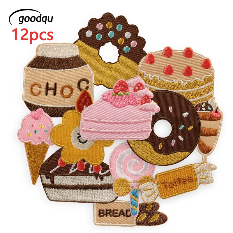 12 stücke Kuchen Lebensmittel Nette Selbstklebende Eisen Auf Patches Für Kleidung Kinder Gestickte Aufkleber Pack Stoffe Lot Jacke Hut nähen Diy – Detail 1