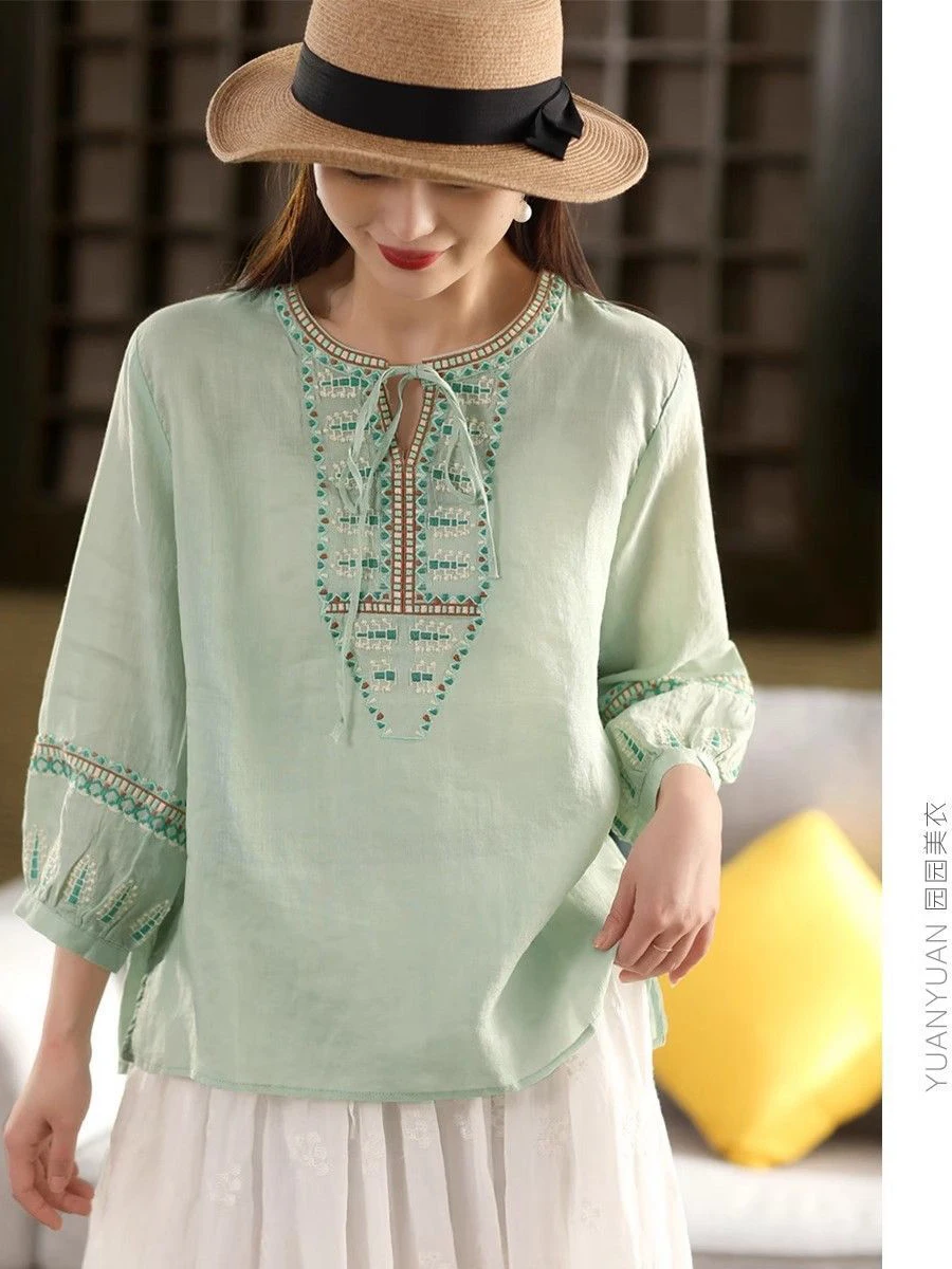 

Летний хлопковый льняной женский свободный крой, тонкий крой с вышивкой, художественный винтажный утюг, Seven Sve, свободный большой размер