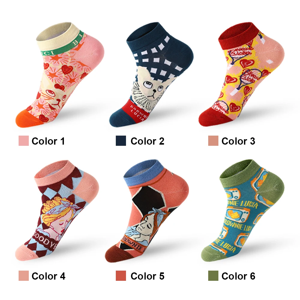 6 pair/batch Fashion Cartoon cat Men\'s Short Socks Soft Breathable Cotton Casual Socks Male boat Socks Cotton women ankle Socks