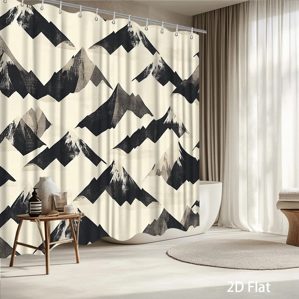 Mountain Range Shower Curtain – Brushstroke Texture in Black, Gray  Off-White, 2D Flat Print, Fade-Resistant Polyester, 12 Hooks