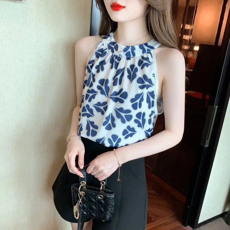 Summer New Floral Chiffon Shirt Fashion Elegant Youthful Wind Sleeveless Shirt Original Design Casual Vintage Slim Women\'s Top