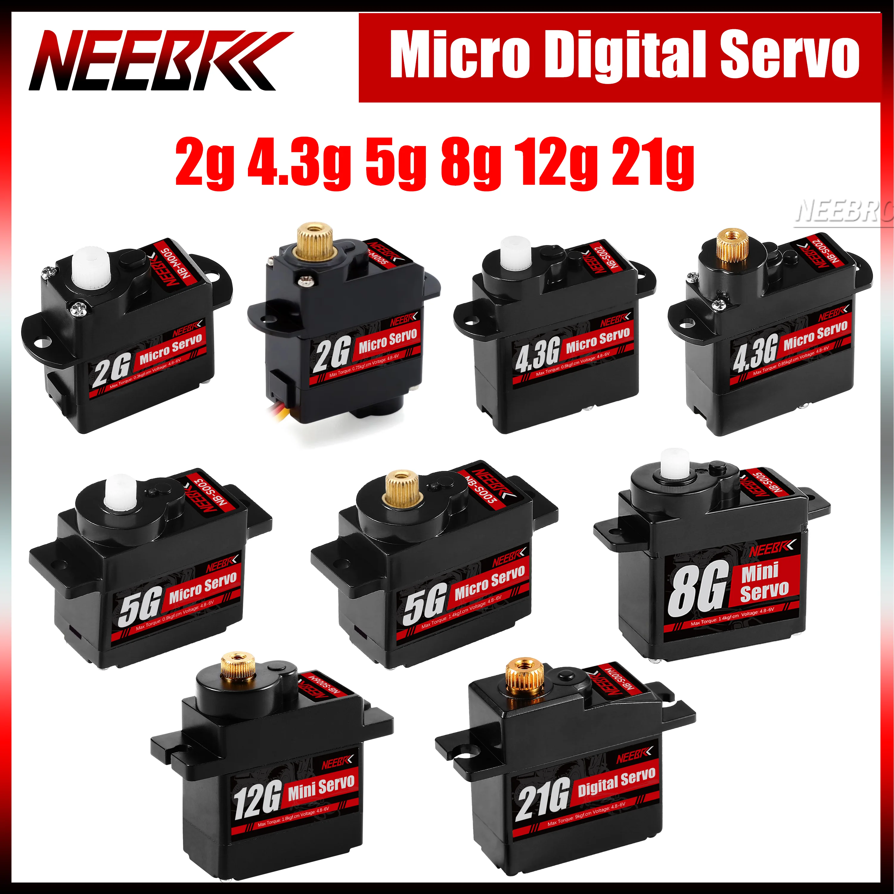 NEEBRC 2g 4,3g 5g 8g 12g 21g Kunststoff/Matel Getriebe Micro Digital Servo JR Stecker für RC Auto Lkw Drone Starrflügel Boot Upgrade Teile