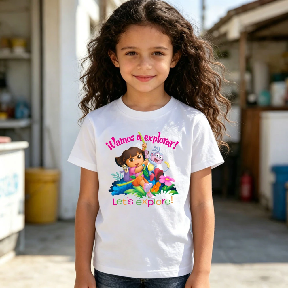 Camiseta gráfica de algodón de manga corta para niños y niñas con diseño de Dora la Exploradora, estilo casual para el día a día