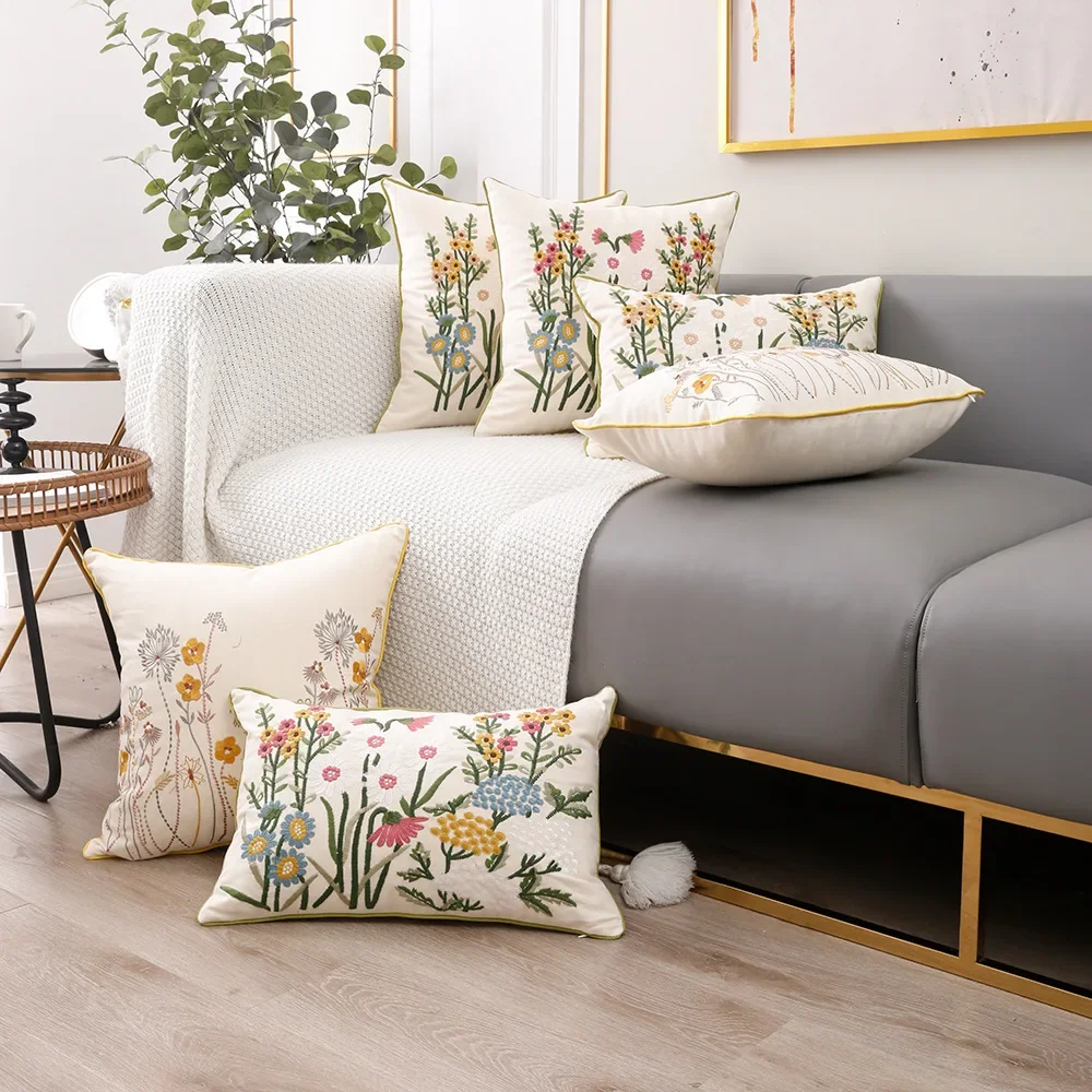 Cotton Embroidered European Pastoral Floral Cushion Cover 45x45cm Sofa Seat Home Decor Throw Pillow Case Living Room Decoration