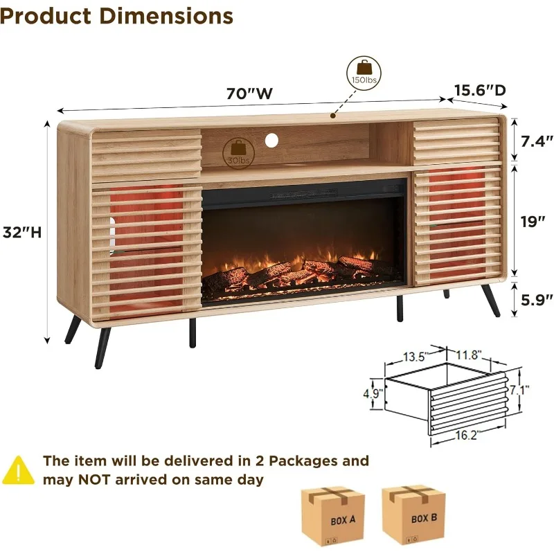 Fireplace TV Stand for 80 Inch TV,   Wood Media Console w/Slatted Sliding Doors for Living Room, Natural Oak