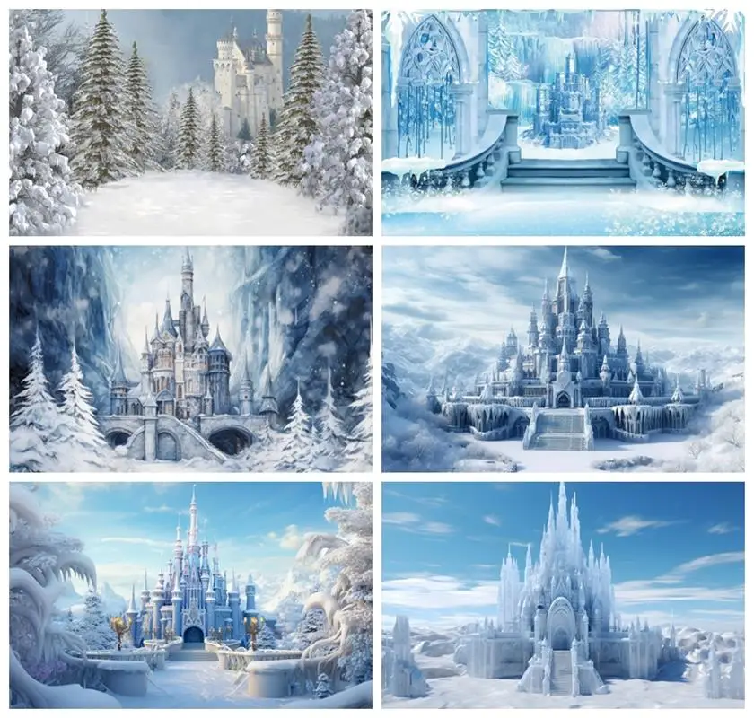 

Laeacco Winter Castle Photography Backdrop Blue Ice Forest Wonderland Snow Mountian Pine Tree Kids Birthday Portrait Background