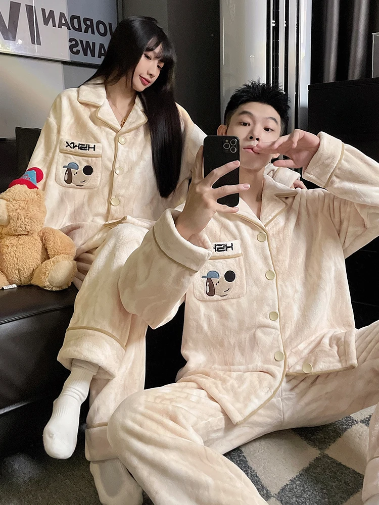 DAIMELU male sleepwear winter coral fleece long sleeved thickened pajamas cute dog men  plus size nightwear warm loungewear set
