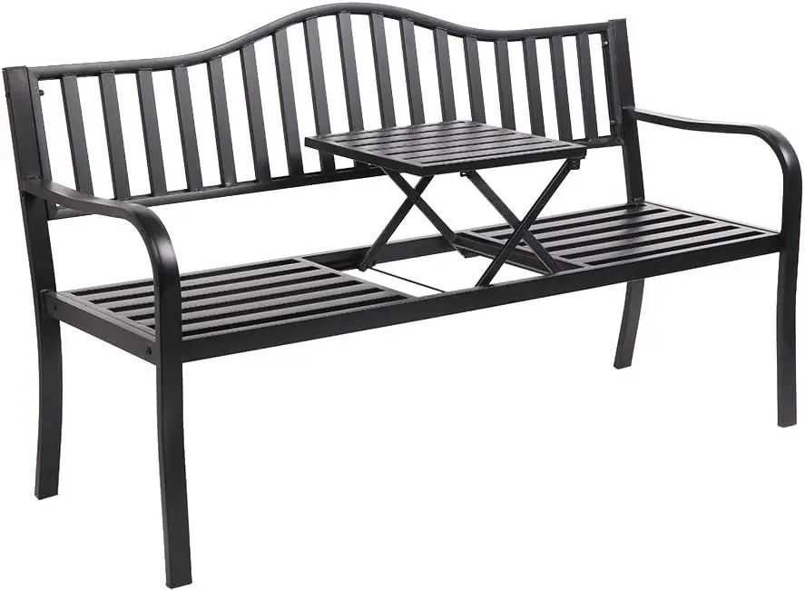 Banc de jardin en métal avec table intégrée, extérieur, météo, porche avant, banc de parc, 59 po