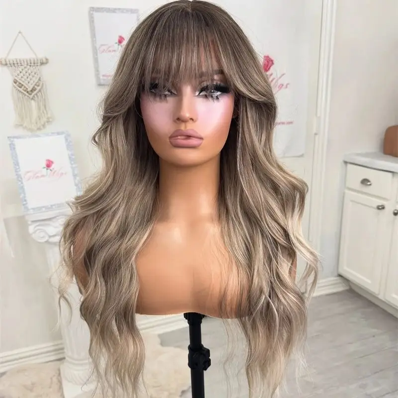 

Swiss Lace Synthetic Wigs Ombre Blonde Brown Lace Front Wig with Bangs Glueless Pre Plucked Natural Hairline 180% Density Wigs